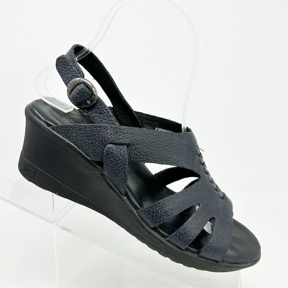 KEEN Elizabeth Women's Black Leather Slingback Wedge Sandals Size 6 Summer - Picture 1 of 12